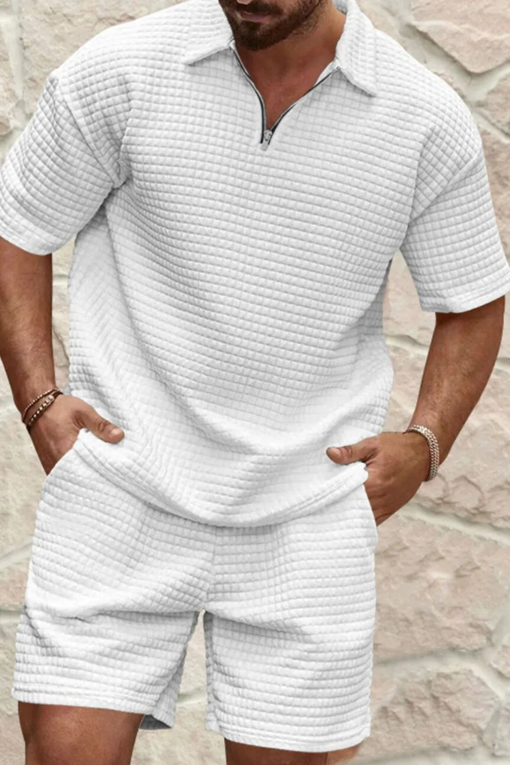 Men's Full Size Zip Collar Short Sleeve Top and Shorts Set Plus Size - kinko