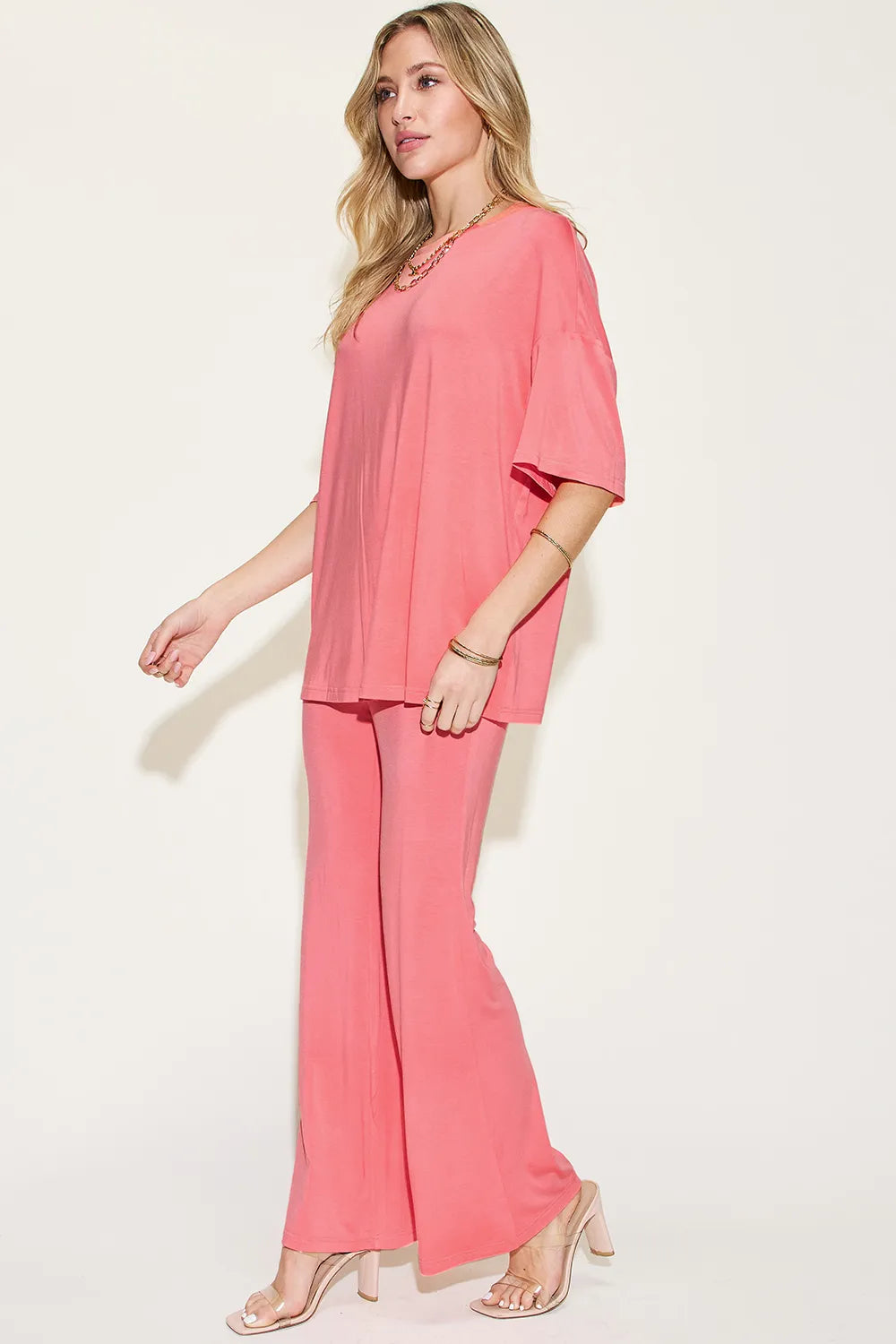 Basic Bae Full Size Bamboo Drop Shoulder T-Shirt and Flare Pants Set - kinko