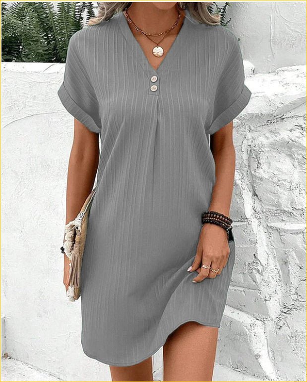 Fashion V-neck Short-sleeved Dress Casual Solid Strip Button Dresses Womens Clothing - kinko