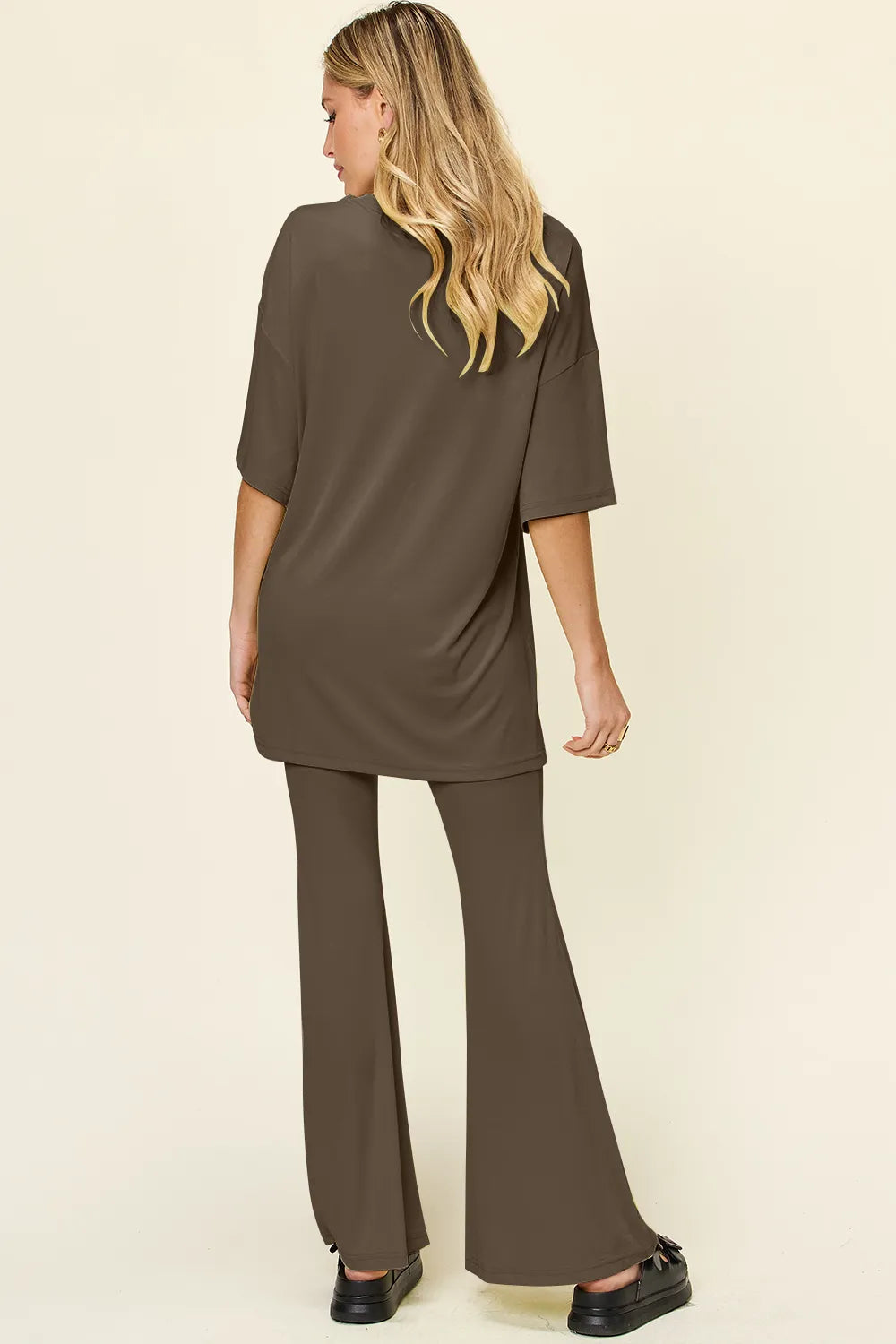 Double Take Full Size Round Neck Drop Shoulder T-Shirt and Flare Pants Set - kinko