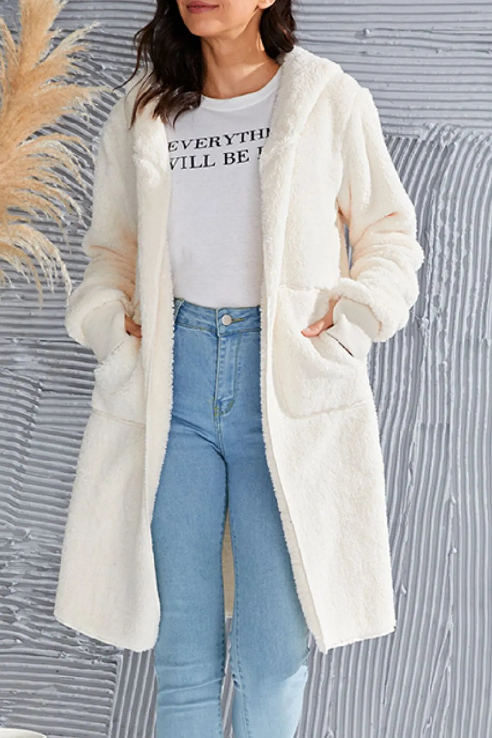 Double Take Full Size Hooded Teddy Bear Jacket with Thumbholes - kinko