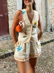 Embroidered V-Neck Vest and Shorts Set - kinko