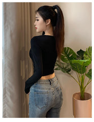 Long Sleeve Short Sexy Tight Navel Bottoming Shirt Women's Top - kinko