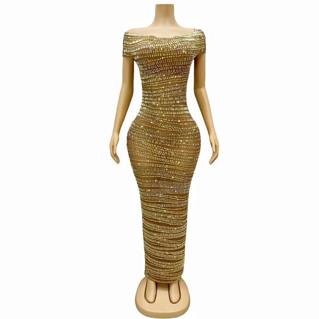 Sexy Luxury Shiny Rhinestone Dress Performance Costume Party Evening Dress - kinko