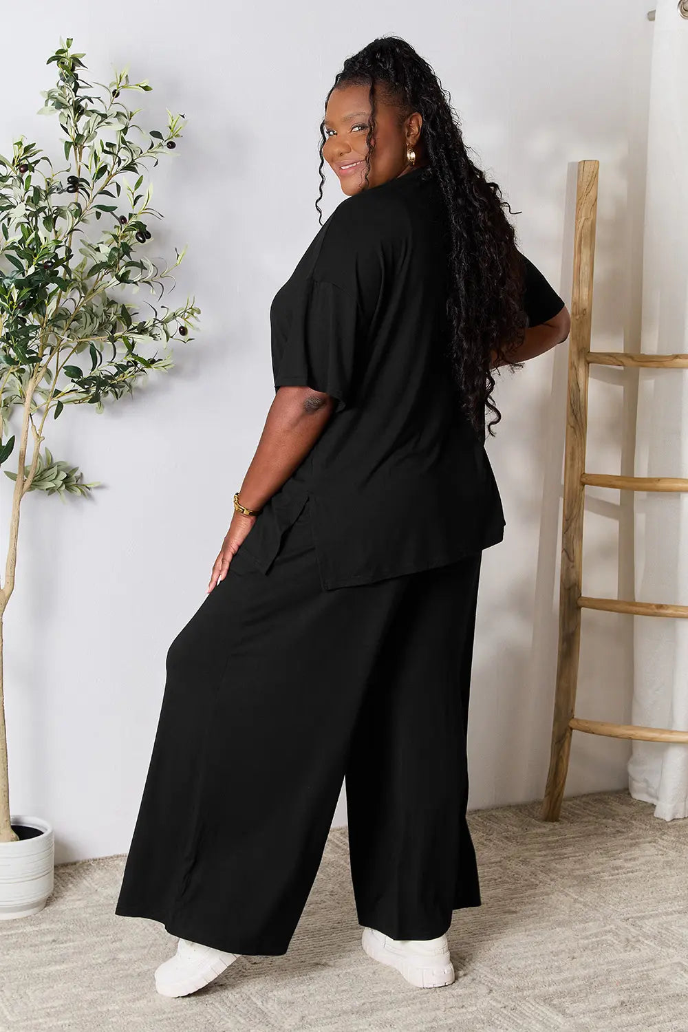Double Take Full Size Round Neck Slit Top and Pants Set - kinko