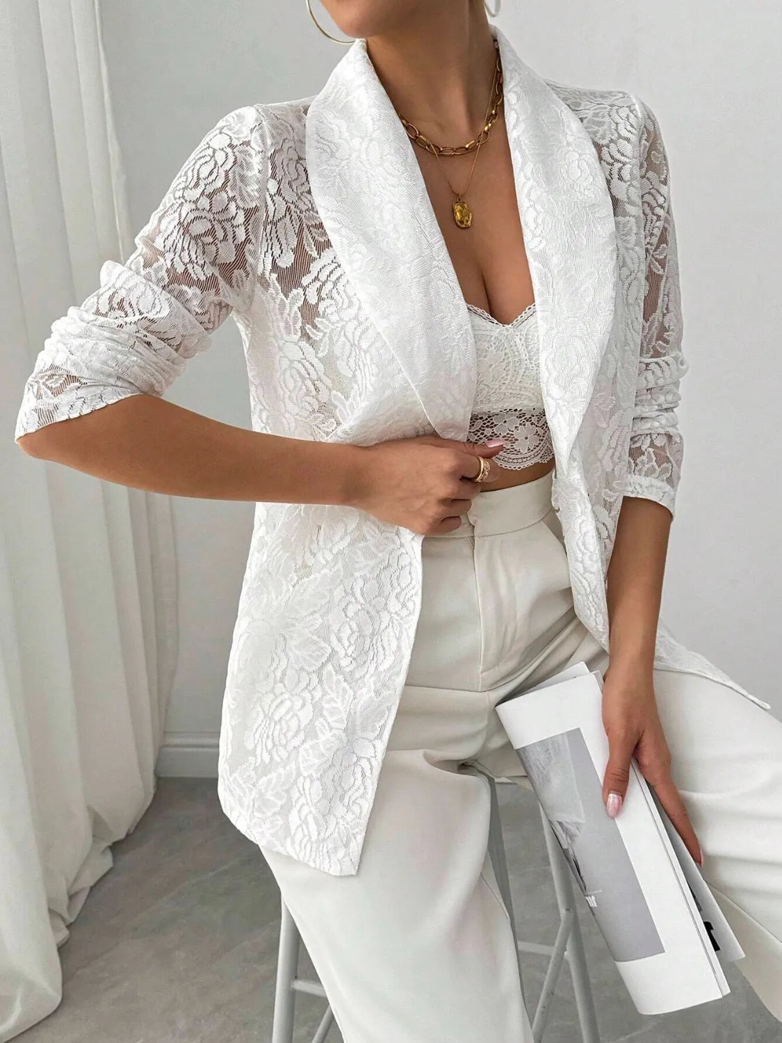 Lace Lapel Collar Long Sleeve Blazer - kinko