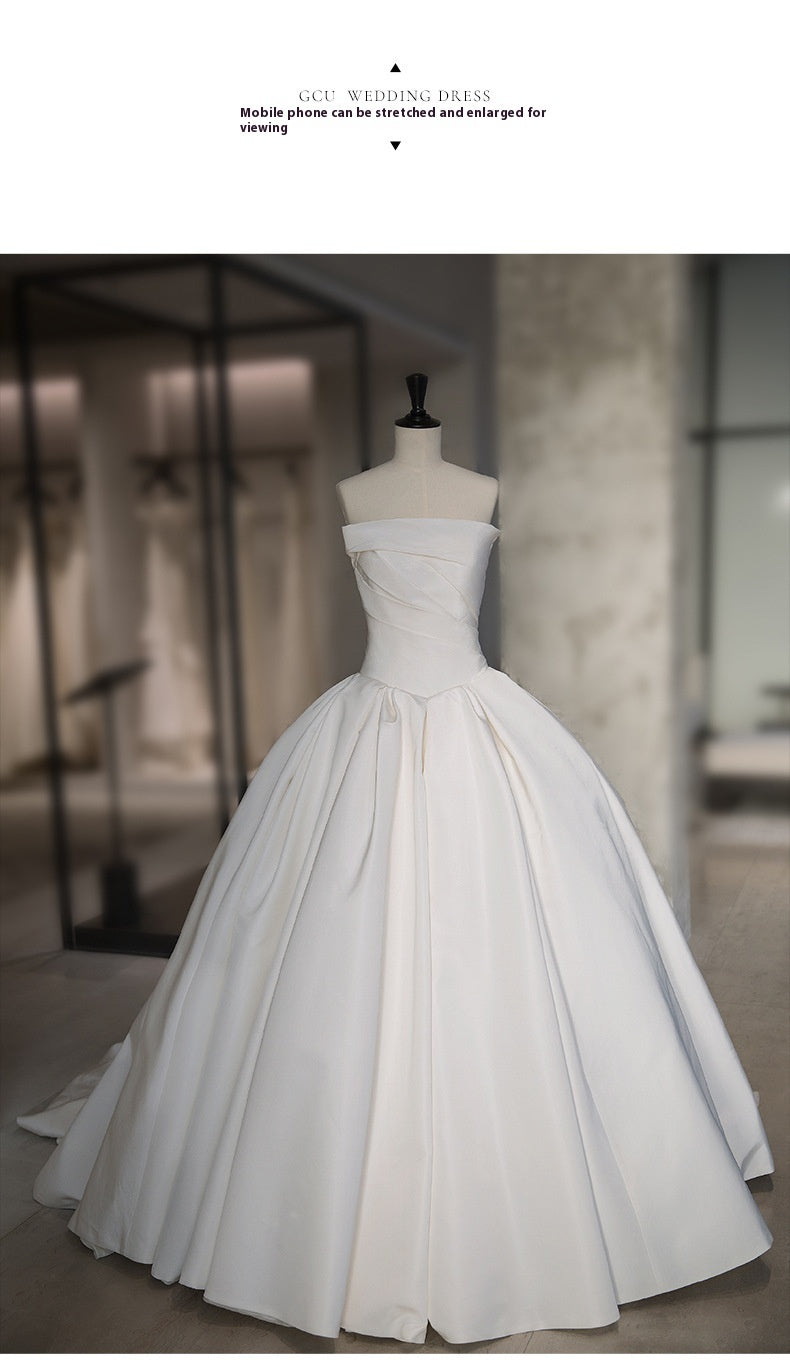 Women's Satin Tube Top Simple Elegant French Style Large Tail Elegant Wedding Dress - kinko