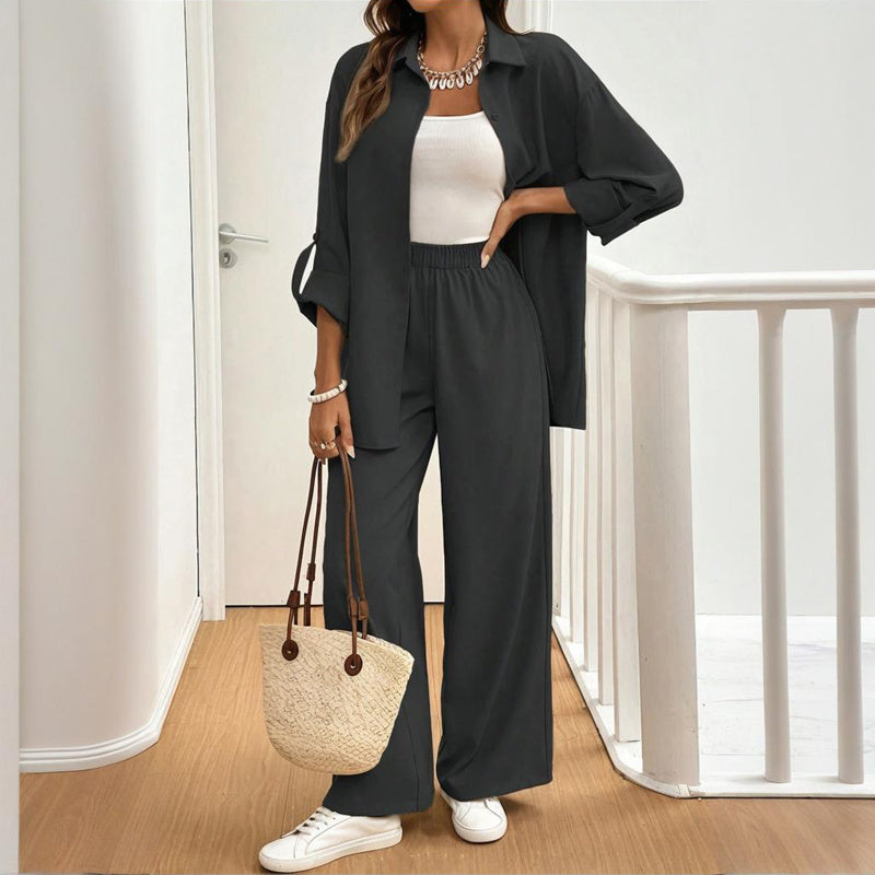 Women's Solid Color Shirt & Pants Set - Long Sleeve Button-Down Top With Elastic Waist Straight Pants Minimalist Casual Outfit - kinko