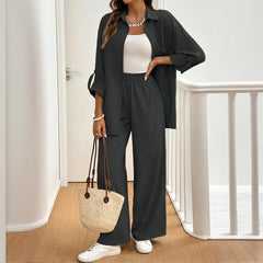 Women's Solid Color Shirt & Pants Set - Long Sleeve Button-Down Top With Elastic Waist Straight Pants Minimalist Casual Outfit - kinko