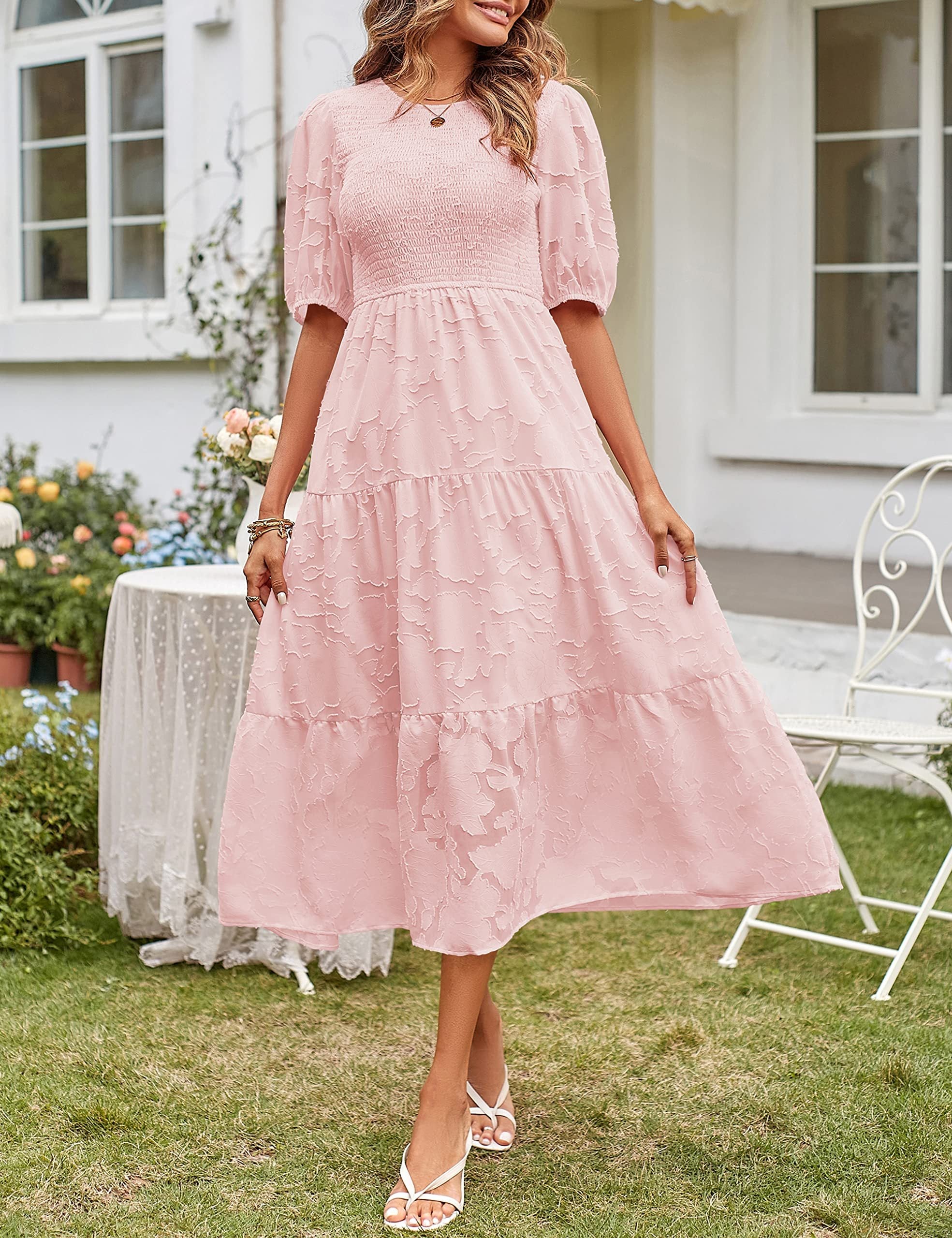 Women's Summer Casual Lace Dress Floral Ruffle Puff Short Sleeve High Waist Midi Beach Dresses - kinko