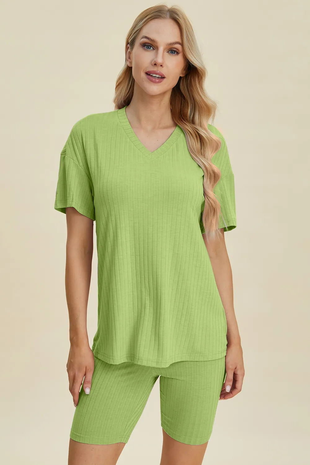Basic Bae Full Size Ribbed V-Neck Short Sleeve Top and Shorts Set - kinko