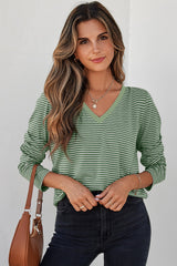 Green Stripe V Neck Stretchy Long Sleeve Top - kinko