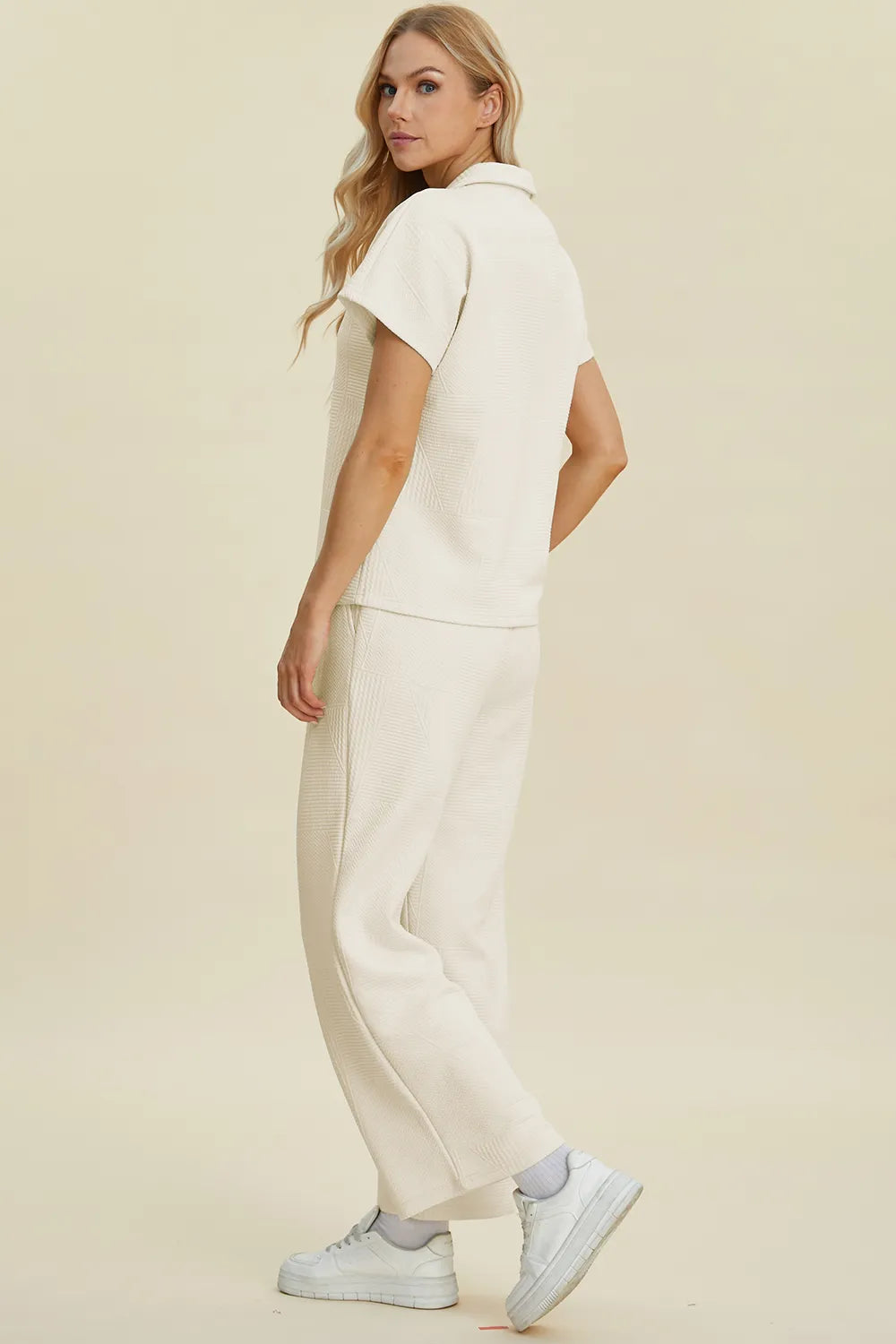 Double Take Full Size Collared Neck Short Sleeve Top and Pants Set - kinko