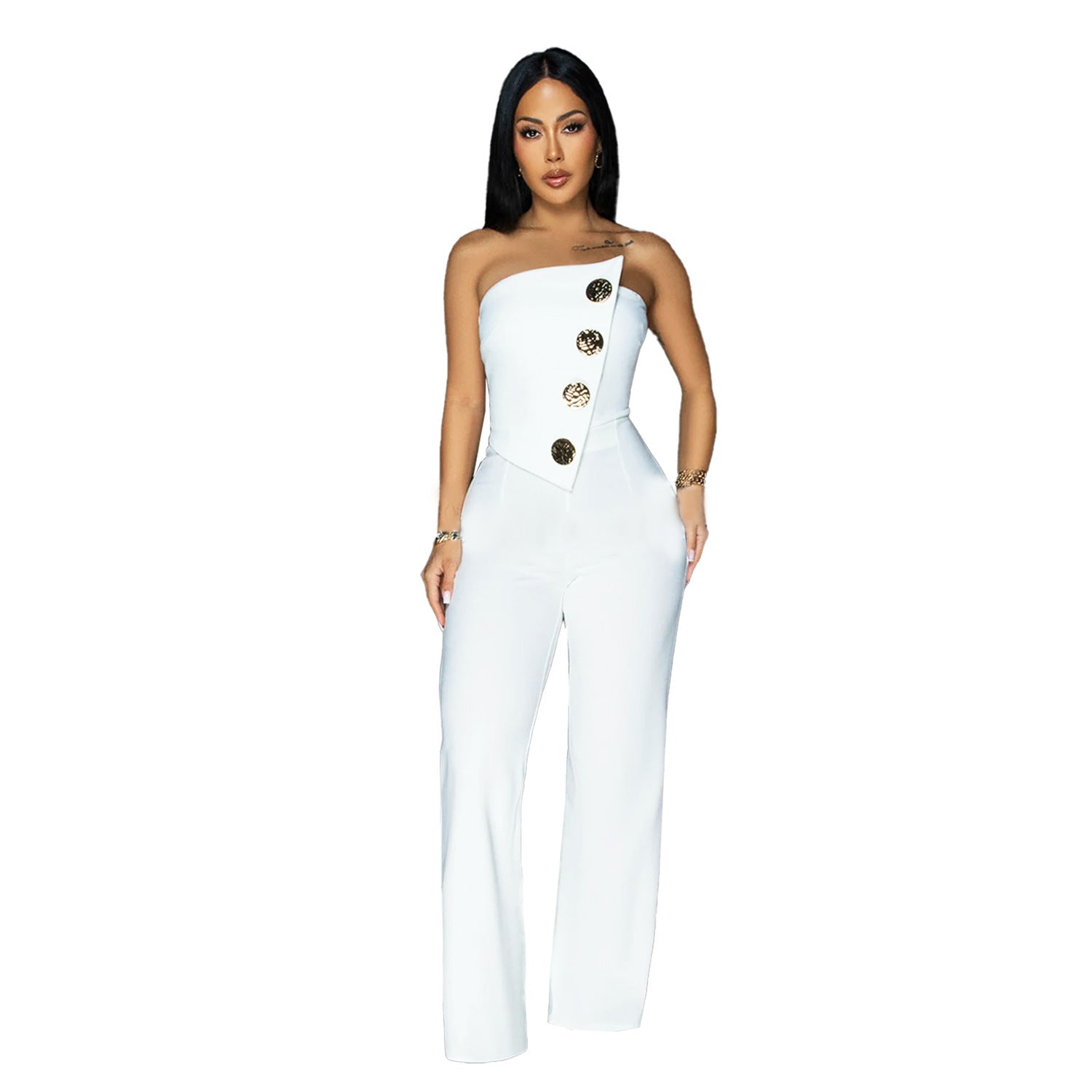 European And American Fashion Women's Wear Sleeveless Button Jumpsuit Trousers - kinko