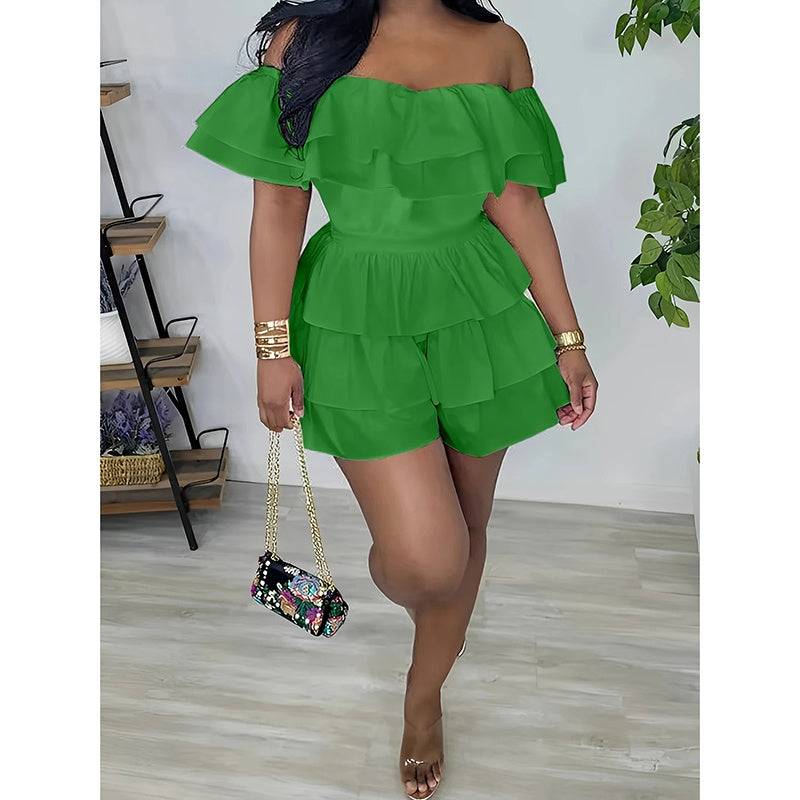 Womens Sexy Off Shoulder Rompers Summer Ruffle Short Sleeve Tiered Short Jumpsuits - kinko