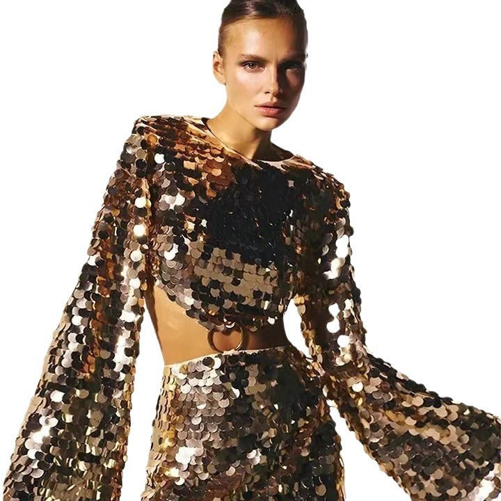Sweet And Spicy Women's Long Sleeve Round Neck Sexy Large Sequined Evening Dress - kinko