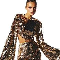 Sweet And Spicy Women's Long Sleeve Round Neck Sexy Large Sequined Evening Dress - kinko