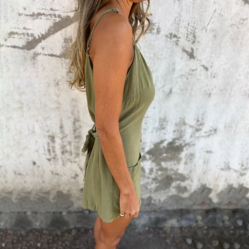 Womens Summer Casual Sleeveless Rompers Stylish Strappy Spaghetti Strap Loose Shorts Jumpsuit With Pockets - kinko