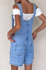 Button Front Denim Overall Shorts with Front Pockets - kinko
