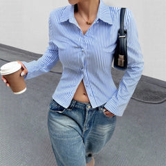Fashion Casual All-match V-neck Striped Long Sleeve Shirt Top - kinko