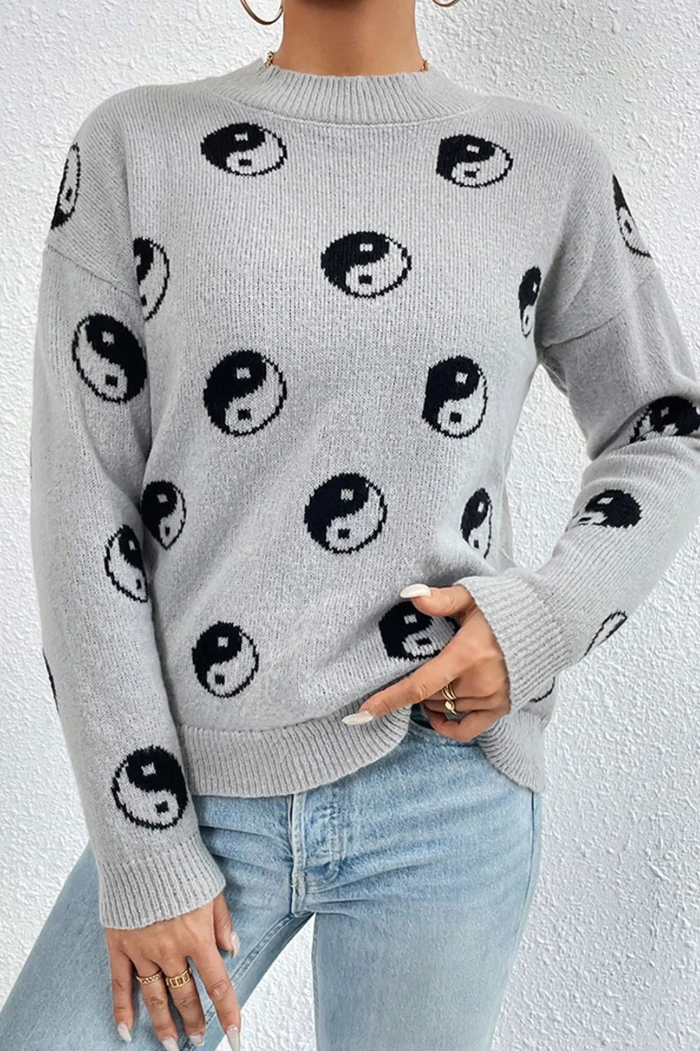 Graphic Mock Neck Dropped Shoulder Sweater - kinko