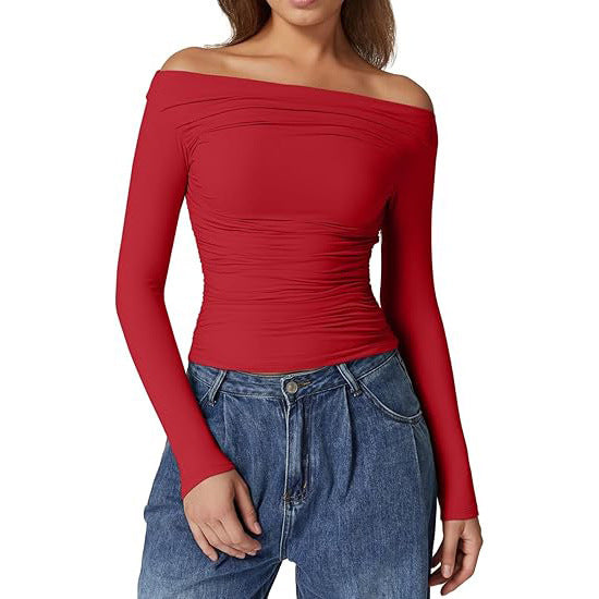 European And American Women's Clothing Top Off-shoulder Long Sleeve T-shirt - kinko