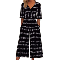 Spring And Summer Print Women's Pocket Collar Jumpsuit - kinko