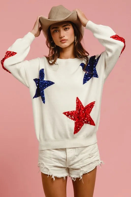BiBi Velvet Sequin Star Patches Sweater Top - kinko
