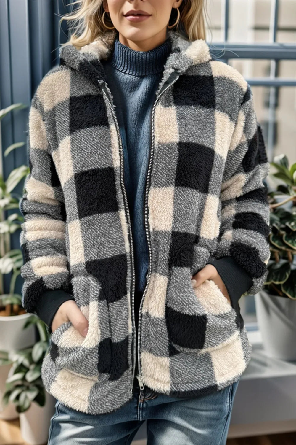 Double Take Full Size Plaid Long Sleeve Hooded Coat - kinko