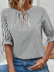 Striped Round Neck Half Sleeve Casual Blouse - kinko