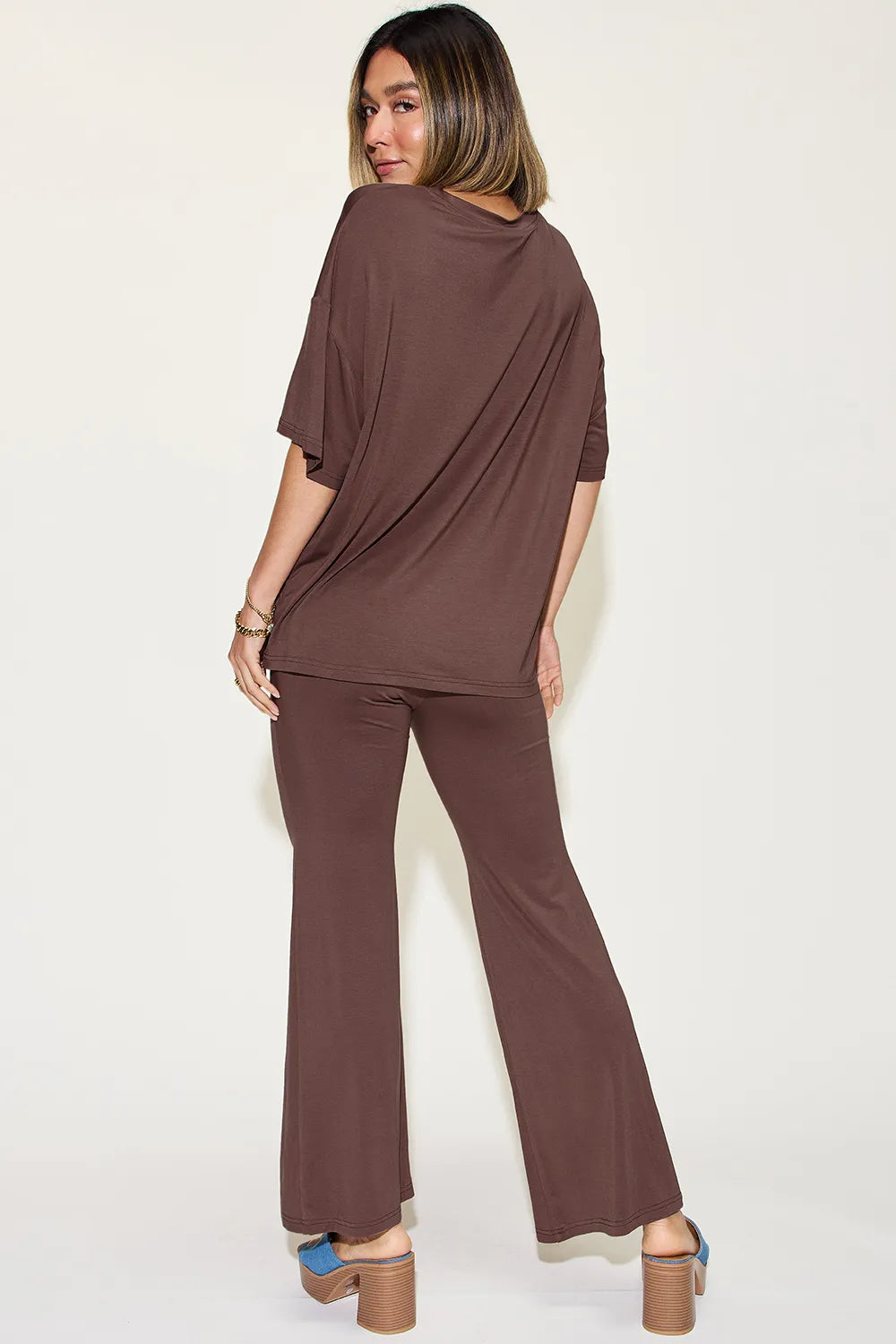 Basic Bae Full Size Bamboo Drop Shoulder T-Shirt and Flare Pants Set - kinko