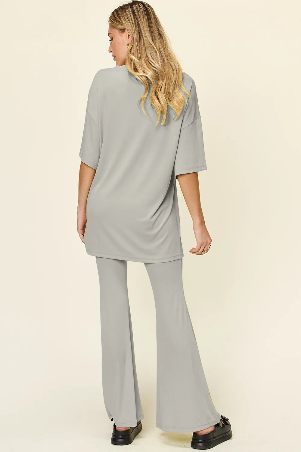 Double Take Full Size Round Neck Drop Shoulder T-Shirt and Flare Pants Set - kinko