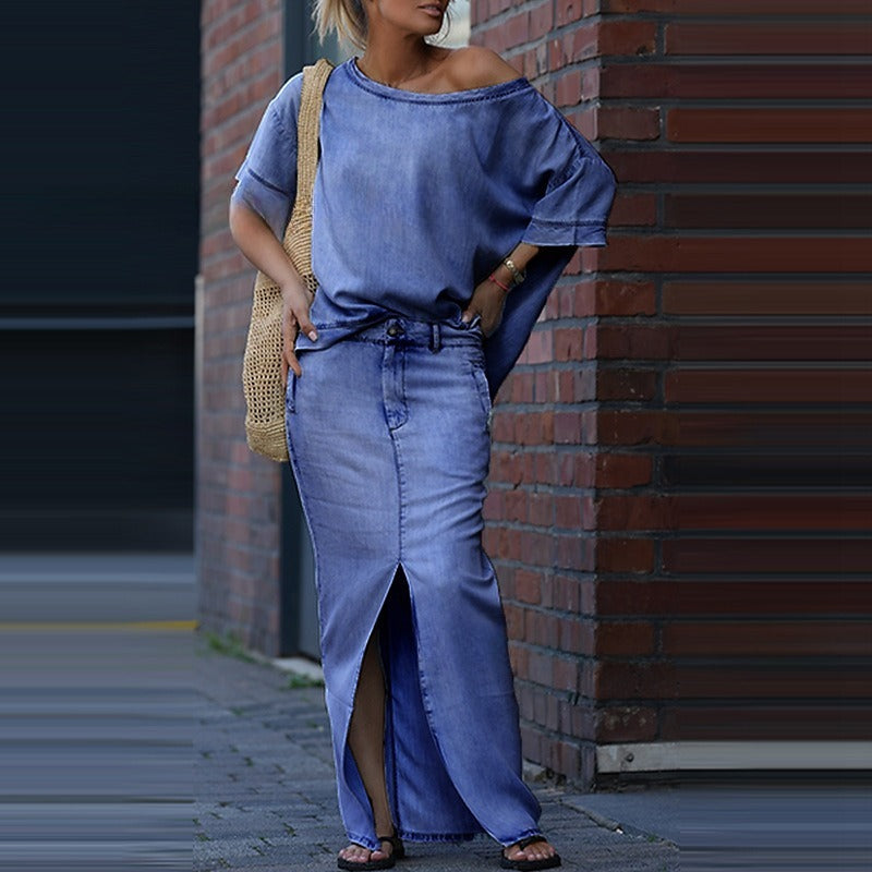 European And American Women's Fashion Tops Slit Skirt Two-piece Skirt Suit - kinko