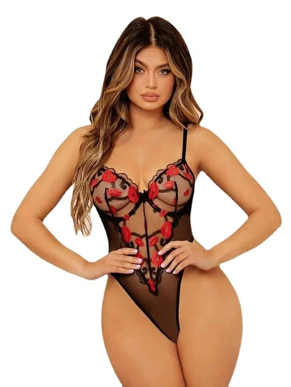 Transparent Black Mesh Lip Print Embroidery Jumpsuit Suit - kinko