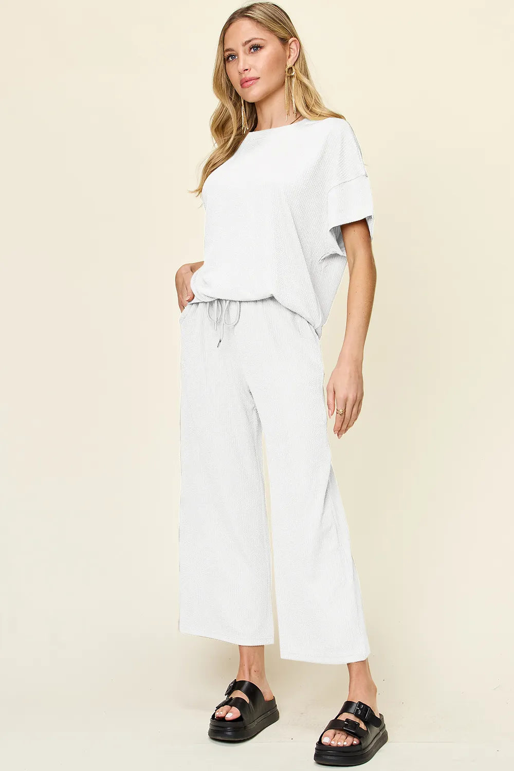 Double Take Full Size Texture Round Neck Short Sleeve T-Shirt and Wide Leg Pants - kinko