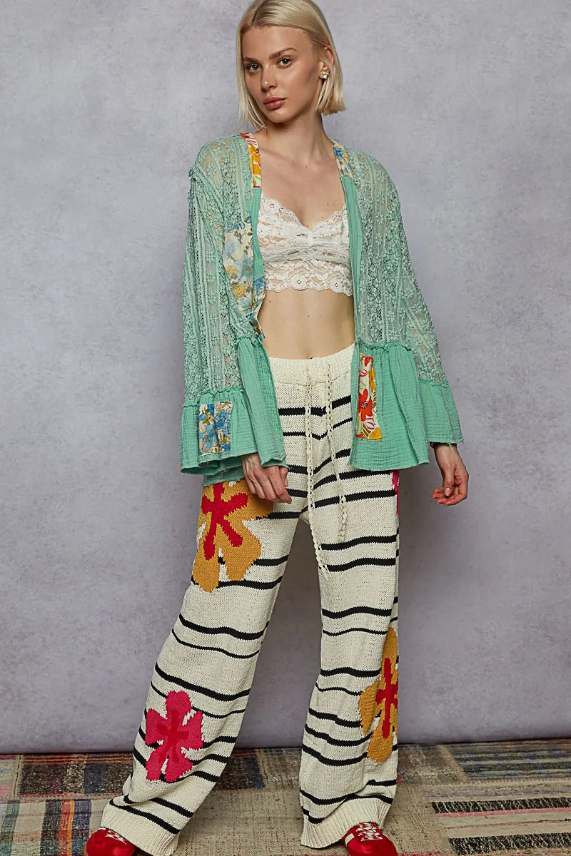 POL Lace Ruffled Hem Open Front Cardigan - kinko