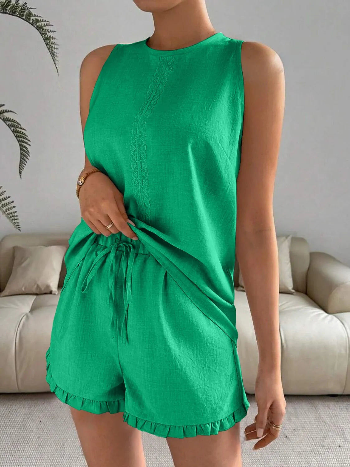 Lace Detail Round Neck Tank and Shorts Set - kinko