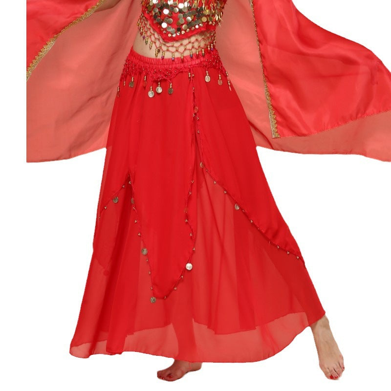 Belly Dance Hanging Coin Skirt Chiffon Big Hem Dress - kinko