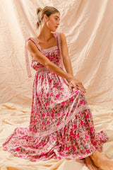 SO ME Floral Maxi Dress With Ribbon Tie Lace Strap - kinko