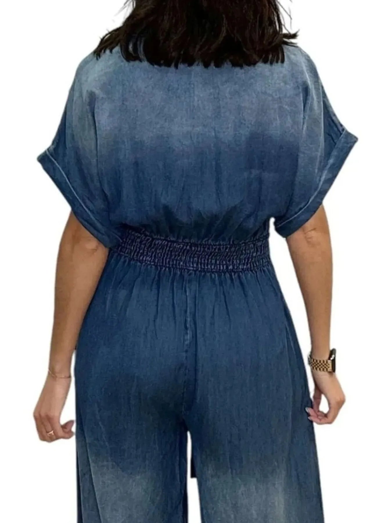 Button Front Wide Leg Denim Jumpsuit - kinko