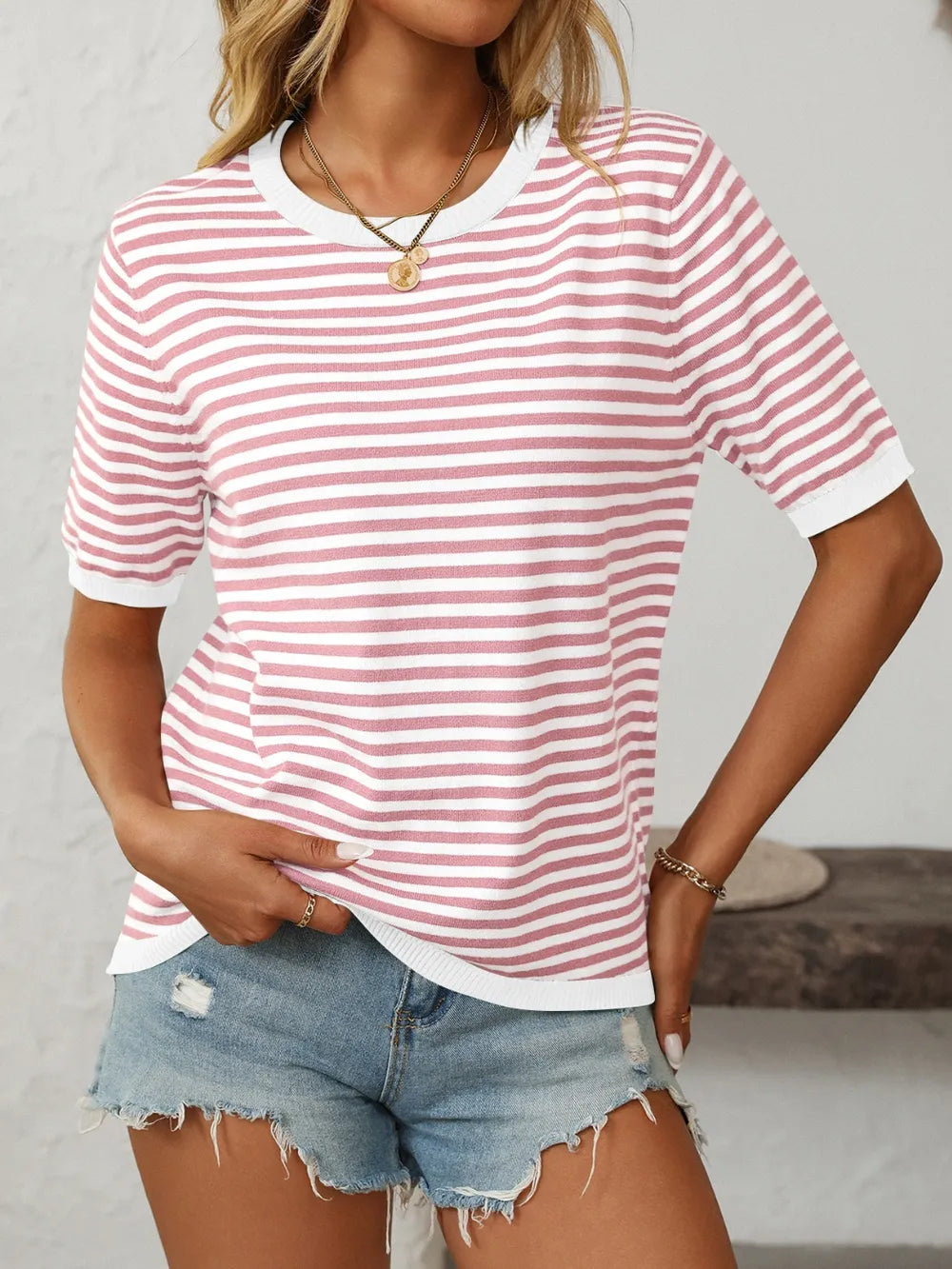 Mandy Striped Round Neck Half Sleeve Knit Top - kinko