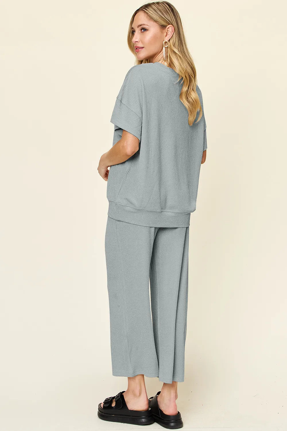 Double Take Full Size Texture Round Neck Short Sleeve T-Shirt and Wide Leg Pants - kinko