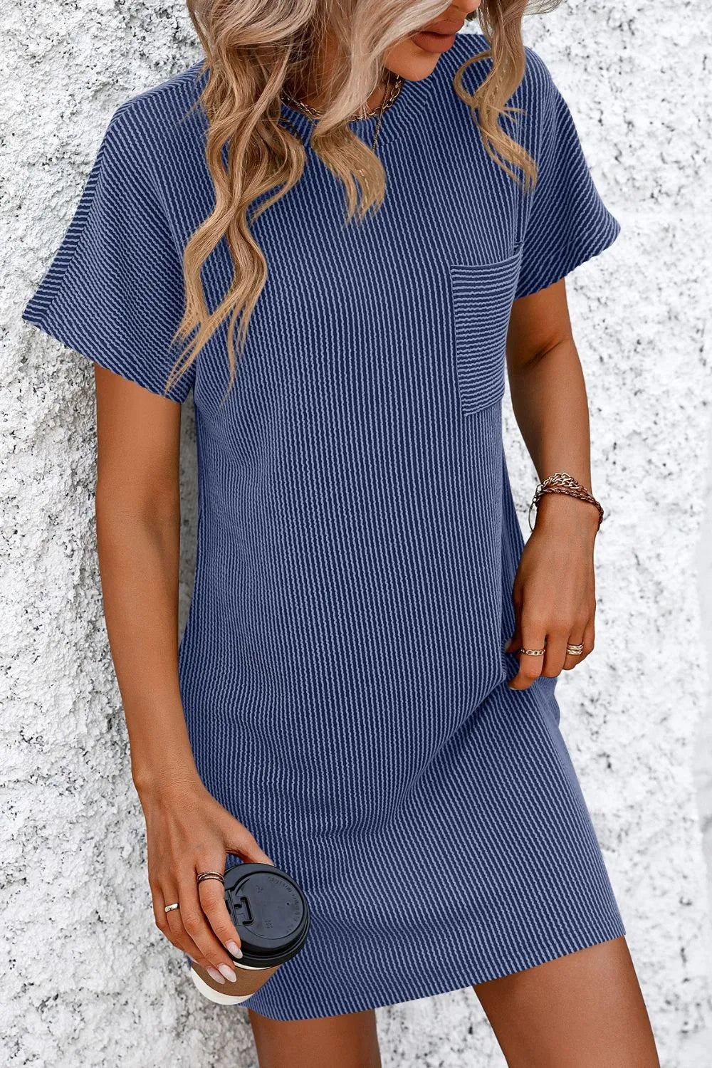 Mandy Ribbed Striped Short Sleeve Mini Tee Dress - kinko