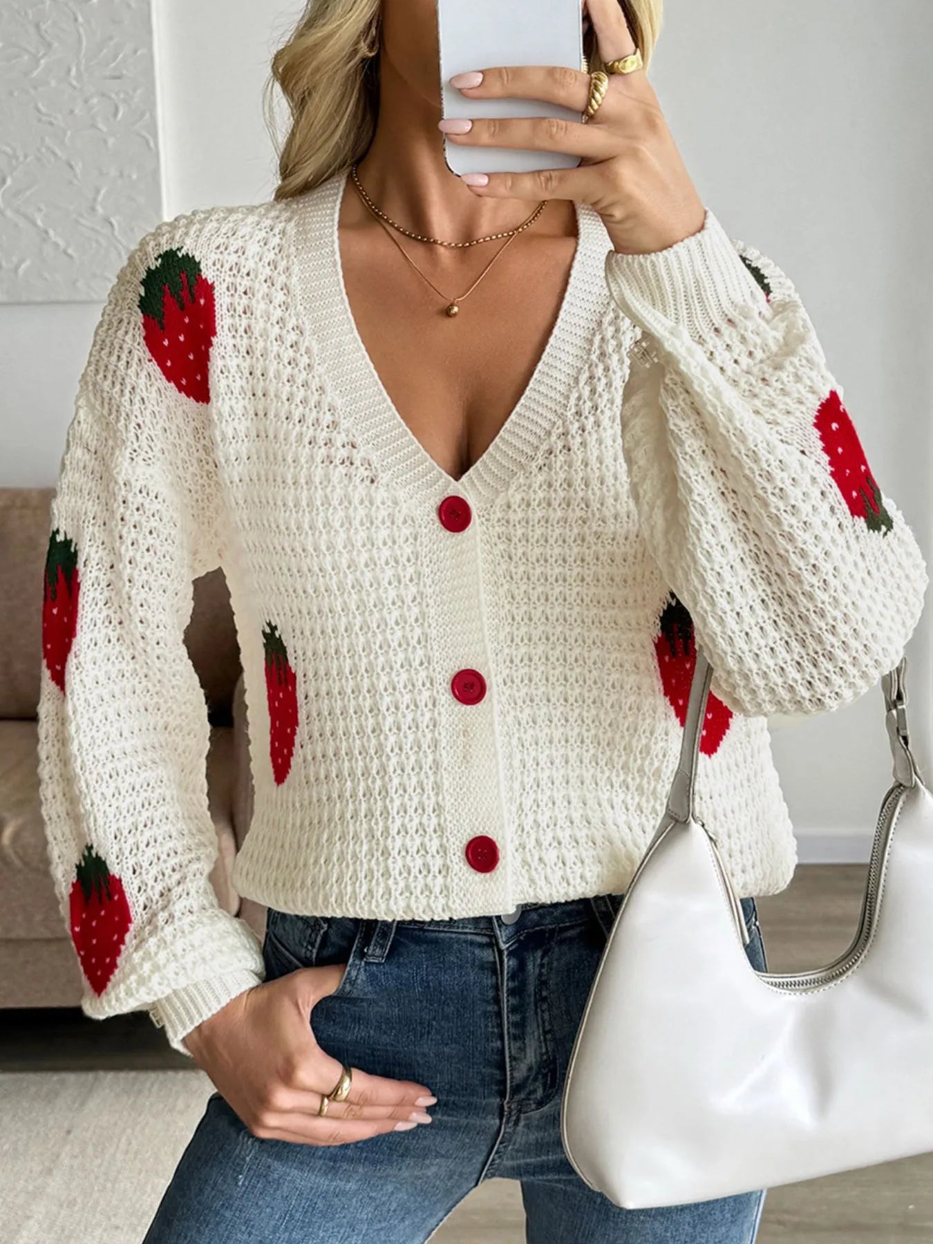 Strawberry Pattern V-Neck Button-Up Cardigan - kinko