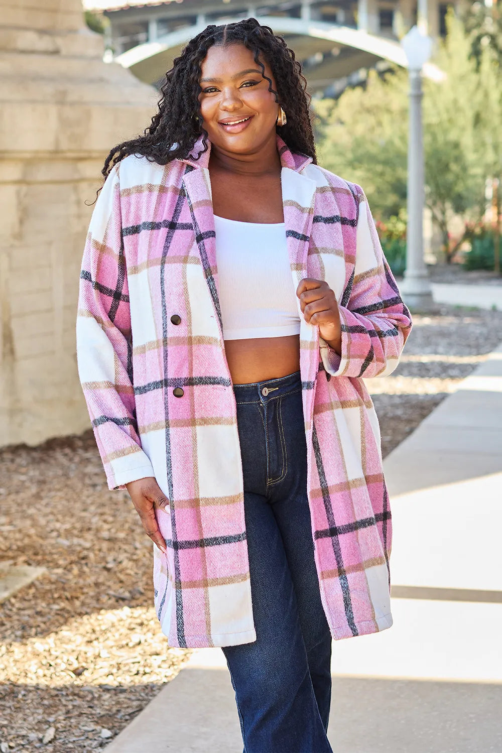 Double Take Full Size Plaid Button Up Lapel Collar Coat - kinko