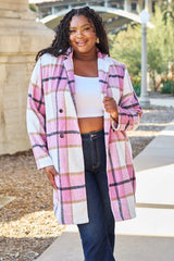 Double Take Full Size Plaid Button Up Lapel Collar Coat - kinko