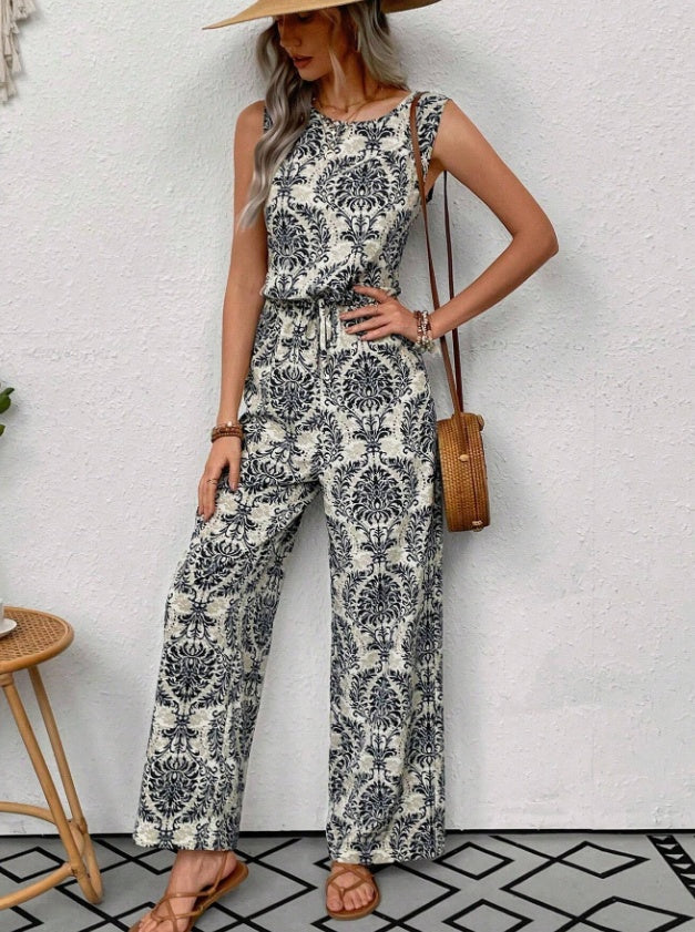 Printed Waist Cinching Casual Straight Leg Pants Set - kinko