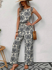 Printed Waist Cinching Casual Straight Leg Pants Set - kinko