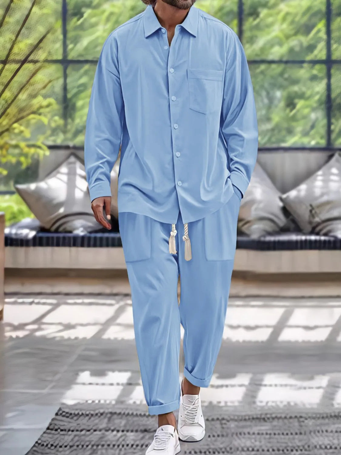 Men's Button Down Long Sleeve Shirt and Pants Set - kinko