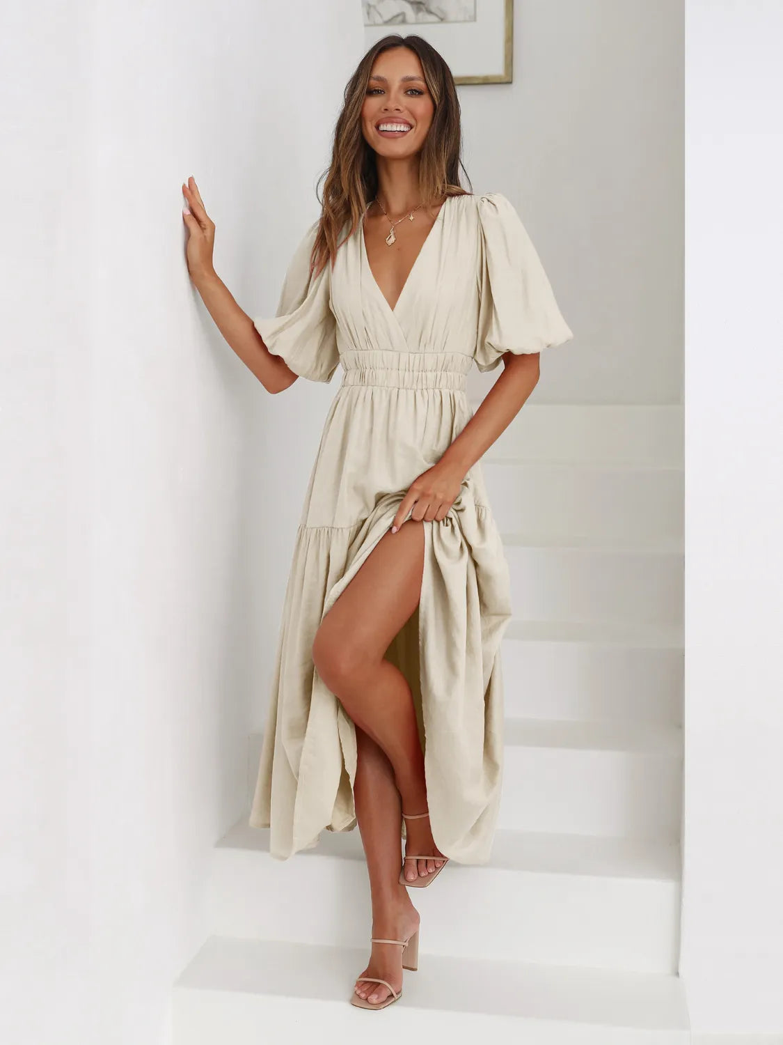 Tiered Surplice Half Sleeve Midi Dress - kinko